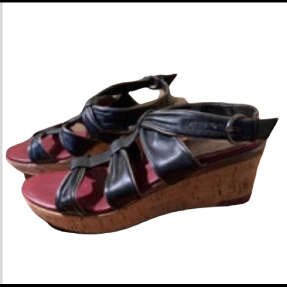 Oh! Wedge Leather Sandals BLACK SIZE 6.5